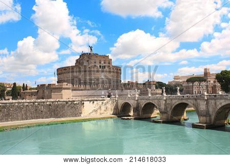 Saint Angel Castle and Saint Angel bridge on Tiber river, Rome, Italy, Europe