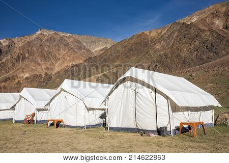 Sarchu camping tents at the Leh - Manali Highway in Ladakh region, Northern India.