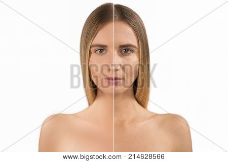 Anti-aging woman with problem and clean skin aging and youth beauty treatment plastic surgery beauty shots aging process concept. Female face before and after beauty treatment.