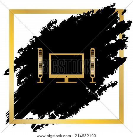 Home theater sign. Vector. Golden icon at black spot inside golden frame on white background.