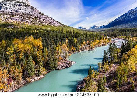 Dense forests cover the lake shores. Indian summer in Canada, warm sunny day in autumn. Abraham Lake is the most beautiful lake in the Rockies. The concept of ecological and active tourism