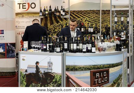CRACOW POLAND - NOVEMBER 16 2017: International Wine Trade Fair ENOEXPO in Cracow. Producers of wine from all around the world meet the importers distributors and representatives. Cracow. Poland