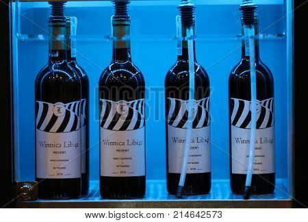 CRACOW POLAND - NOVEMBER 16 2017: International Wine Trade Fair ENOEXPO in Cracow. Producers of wine from all around the world meet the importers distributors and representatives. Cracow. Poland