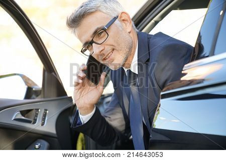 Businessman talking on phone sitting in car