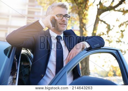 Businessman talking on phone standing outside the car