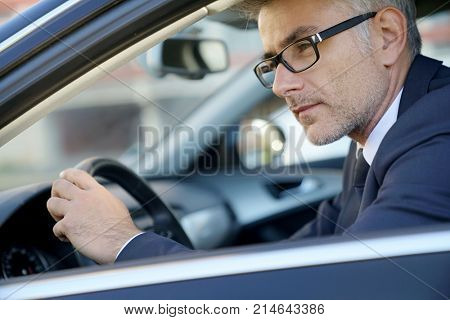 Portrait of businessman driving car for work