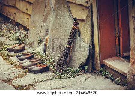 Regional tradition and culture handmade concept. Wooden dutch shoes traditional clogs footwear standing in row