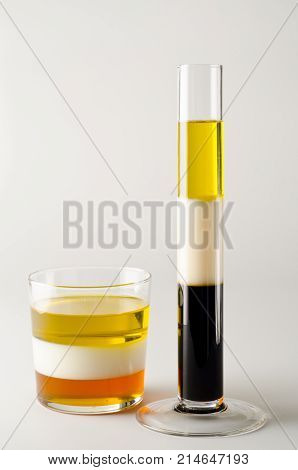 Physics. Density column. Laboratory glassware containing separed layers of vegetable oil milk and maple syrup.