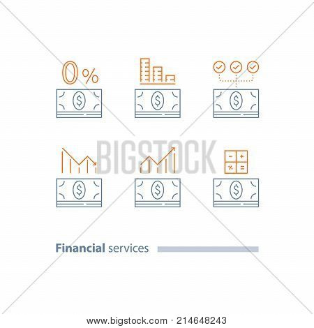 Down payment, cash loan, credit approval, income growth, investment dividends, decrease and increase graph, refinance, cost calculating, interest rate, stock market, vector line icon set, thin stroke