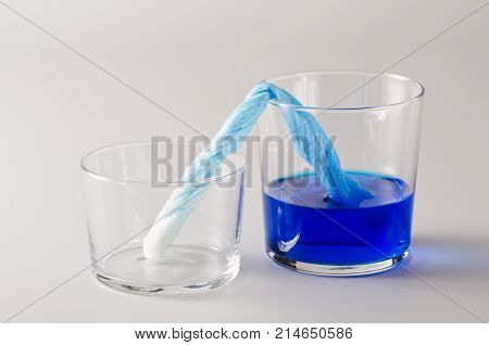 Physics. Capillary action. Dyed water is moving up through paper towel. 