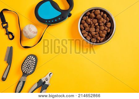 Dog accessories on yellow background. Top view. Pets and animals concept. Still life. Copy space. Flat lay
