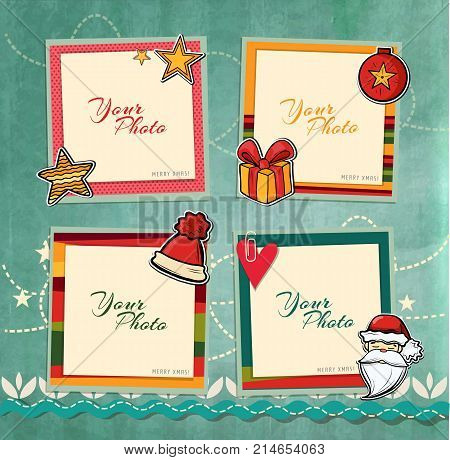 Decorative vector template frame. This photo frame you can use for kids picture or memories. Scrapbook design concept. Insert your picture. Merry Christmas and Happy New Year