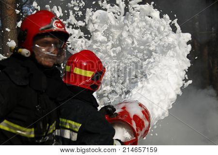 Belarus Gomel 04/06/2017 extinguishing forest fire.Belarus Gomel 04/06/2017 Firefighter extinguishes a fire..Extinguishing the fire. Fill the foam with a fire. Resolute firefighters.