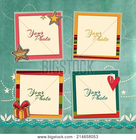 Decorative vector template frame. This photo frame you can use for kids picture or memories. Scrapbook design concept. Insert your picture.