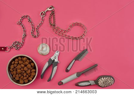 Dog accessories on pink background. Top view. Pets and animals concept. Still life. Copy space. Flat lay