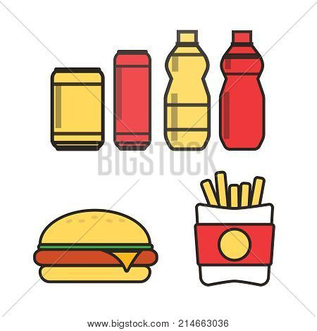 Fast Food Snacks And Drinks Flat Vector Icons. Fastfood Icons. S
