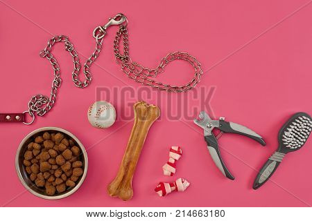 Dog accessories on pink background. Top view. Pets and animals concept. Still life. Copy space. Flat lay