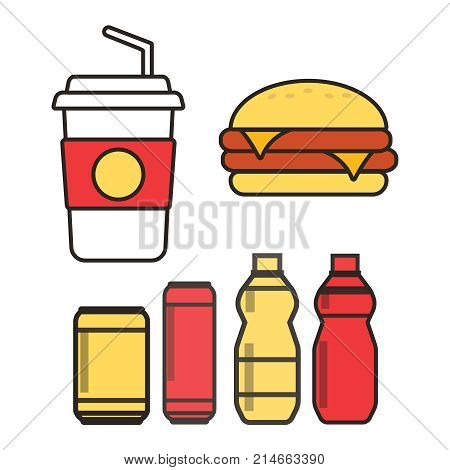 Fast Food Snacks And Drinks Flat Vector Icons. Fastfood Icons. S