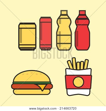 Fast Food Snacks And Drinks Flat Vector Icons. Fastfood Icons. S