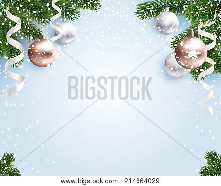 Blank blue Christmas background for congratulations with fir branches and toys. Realistic illustration. Christmas tree branches and gold balls. Empty middle. Seamless pattern included. Vector. EPS10.