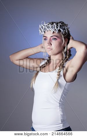 Fantasy winter queen from fairytale forest, ice makeup