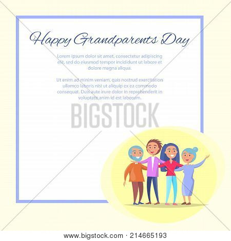 Happy grandparents day posters set with senior couple and their adult children having fun together. Vector illustration of family with text