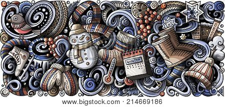 Cartoon vector doodles Winter vertical horizontal stripe illustration. Colorful detailed, with lots of objects illustration. All items are separate