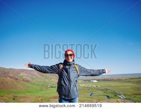 famous Haifoss waterfall in southern Iceland. treking in Iceland. Travel and landscape photography concept