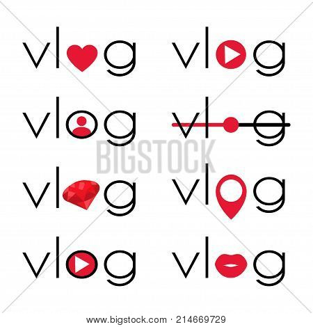 Vlog video blogging logo with red element set. Stock vector illustration for online broadcast social media channel live stream