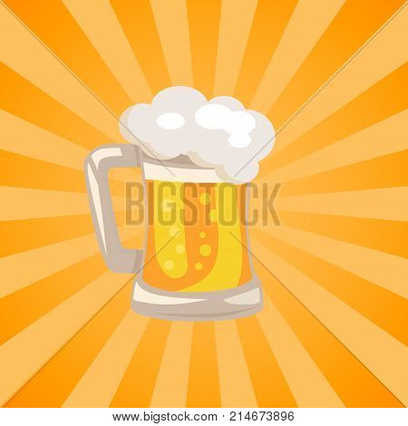 Traditional glass of beer with white foam and bubbles vector isoated illustration. Light alchoholic beverage in transparent mug with handle