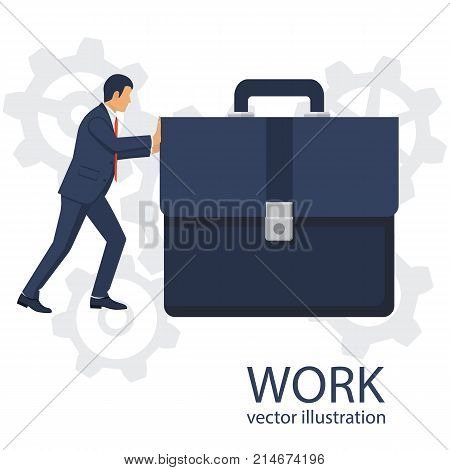 Businessman pushing big briefcas as symbol of hard work. Isolated on white background. Vector illustration flat design. Office manager in suit. Confident man. Hard way.