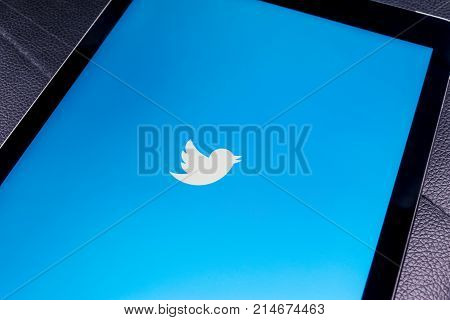 Sankt-Petersburg Russia November 21 2017: Apple iPad Pro on black table open Twitter app. Twitter is an online social networking and microblogging service .Twitter is a social microblogging network run by Twitter Inc.