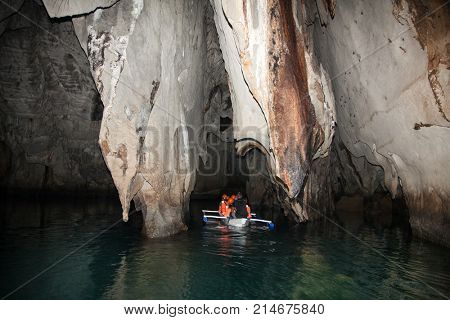 PALAWAN, PHILIPPINES-MARCH 27, 2016. Boats at cave of Puerto Princesa subterranean underground river on March 27, 2016. Palawan, Philippines.  It's one of the 7 New Wonders of Nature.