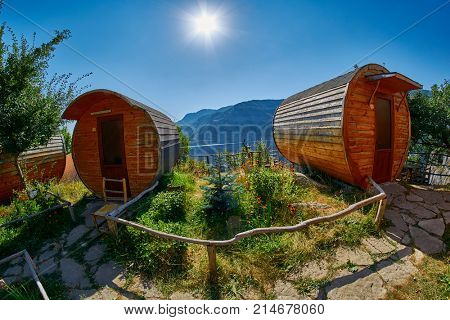 HALIDZOR, ARMENIA - 03 AUGUST 2017: Harsnadzor Eco Resort cottages near Tatev Monastery