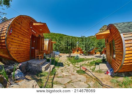 HALIDZOR, ARMENIA - 03 AUGUST 2017: Harsnadzor Eco Resort cottages near Tatev Monastery