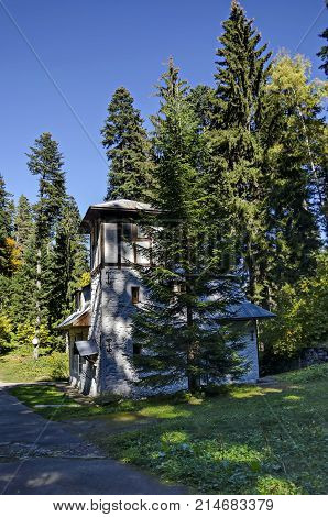 Majestic ancient  building of Hydroelectric plant in the old park Tsarska or Royal Bistritsa  near by  resort  
Borovets, Rila mountain, Bulgaria