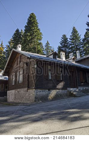 Fragment of beauty renovate ancient  palace in the old park Tsarska or Royal Bistritsa  near by  resort  Borovets, Rila mountain, Bulgaria