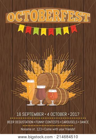 Octoberfest or Oktoberfest promotional poster with wooden backdrop. Beer degustation vector illustration on background of ears of wheat
