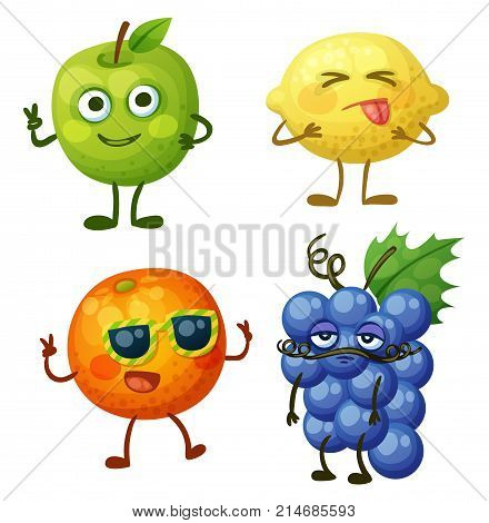 Funny fruit characters isolated on white background. Cheerful food emoji. Cartoon vector illustration: green apple, sour yellow lemon, cheerful orange, calm blue grape