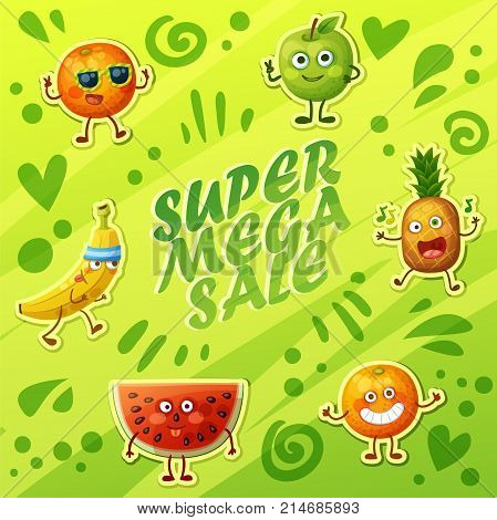 Bright green background with crazy funny fruit characters. Cheerful food emoji present super sale banner. Cartoon vector illustration: green apple, banana, cheerful orange, fool watermelon, pineapple