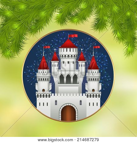 Christmas card with white castle, fireworks and branches of a Christmas tree. Christmas illustration with celebratory elements. White medieval castle with a red roof and red flags on the spiers