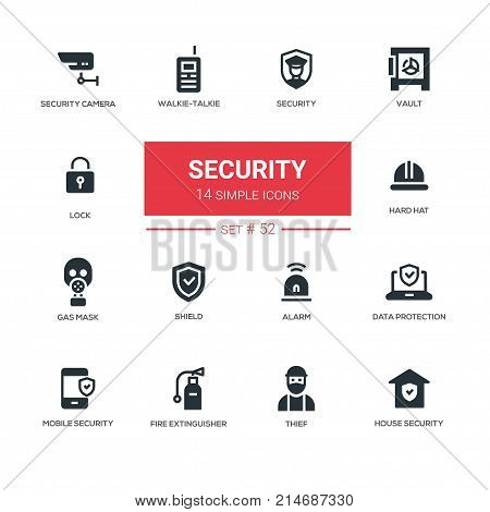 Business concept, security - line design icons set. Camera, vault, walkie-talkie, lock, hard hat, gas mask, shield, alarm, data protection, mobile, fire extinguisher, thief, house security