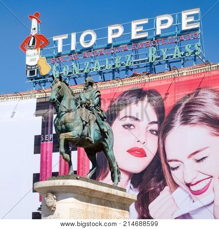 MADRID,SPAIN - AUGUST 5, 2017 : The famous Tio Pepe billboard at Puerta del Sol in Madrid