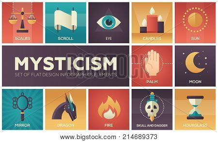 Mysticism - set of flat design infographics elements. Colorful collection of square icons, magic theme. Scales, scroll, eye, candles, sun, palm, moon, mirror, dragon, fire, skull and dagger, hourglass