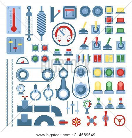 Set of measuring equipment - modern vector realistic isolated clip art on white background. Colored instruments for engineering, devices, indicators, gears, sensors, indicating meters, gauges, cranes