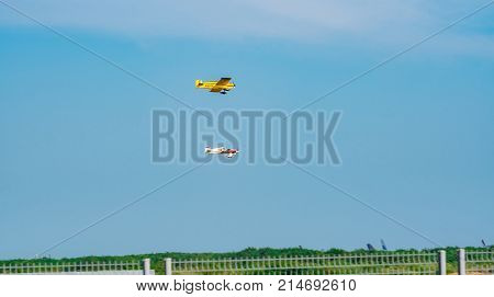RAYONG THAILAND-NOVEMBER 18 2017 : Trevor Jarvis's plane no.58 and Kent Jaskson's plane no.27 in Air Race 1 World Cup Thailand 2017 at U-Tapao Naval Air Base in Thailand
