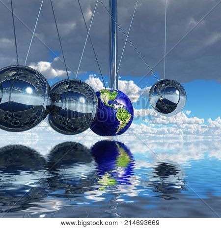 Surreal digital art. Newton's pendulum. One of the balls represents planet Earth. 3D rendering.