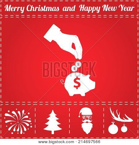 Moneybox Icon Vector. And bonus symbol for New Year - Santa Claus, Christmas Tree, Firework, Balls on deer antlers