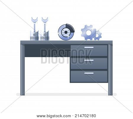 Car repair and service. Mechanic repairs, diagnostics car, equipment. Service for the replacement of auto spare parts and mechanisms. Shop, shopping, equipment and mechanics. Vector illustration.
