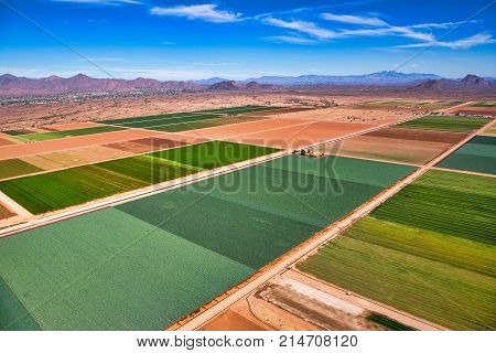 Aerial view above the Salt River Pima-Maricopa Indian Community with a multitude of different crops